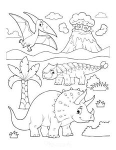 Ancient wonder: Dinosaur and pterodactyl soar above volcano scene coloring page