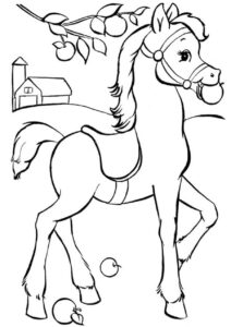 Apple tree, horse, peaceful farm life coloring page