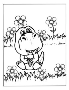 Baby dinosaur enjoys ice cream in colorful flower field. coloring page