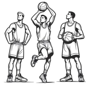 Basketball players line up with balls coloring page