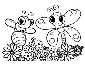 Bee & butterfly on flower bed coloring page