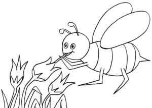 Bee buzzes past blooming flowers coloring page