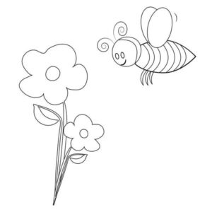 Bee flies over flower: nature’s beauty coloring page