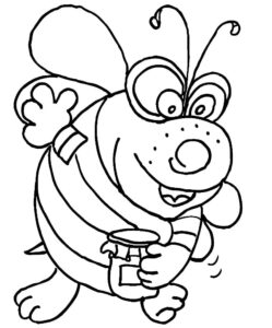 Bee in striped shirt holds jar coloring page