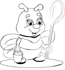 Bee’s unusual tools: bucket & rake coloring page