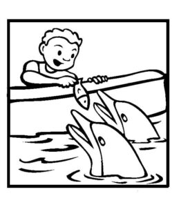 Boy feeds dolphins from boat coloring page