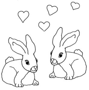 Bunnies gaze at hearts: adorable photo coloring page