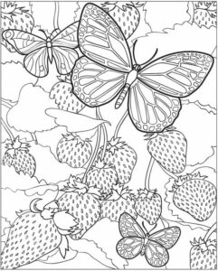 Butterflies dance among strawberries coloring page