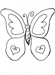 Butterfly with heart wings smiles coloring page