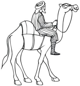 Camel ride through desert: adventure coloring page