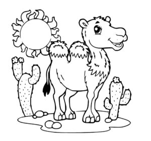 Camel with scarf in desert landscape coloring page