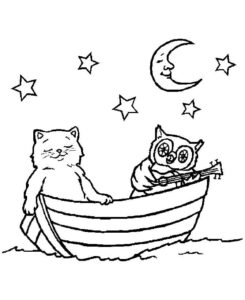 Cat & owl: unlikely friends on the water coloring page