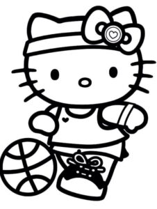 Cat in shorts plays basketball & games coloring page