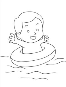 Child’s joyful raft ride with life preserver coloring page