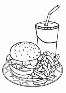 Classic burger & fries: summertime meal coloring page