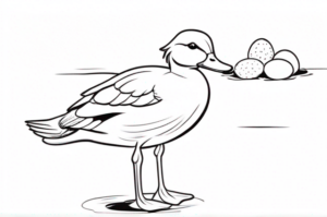 Contemplative duck guards nest of eggs coloring page