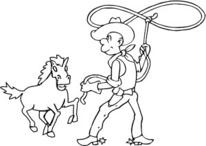 Cowboy’s bond: rope twirling & charging horse coloring page