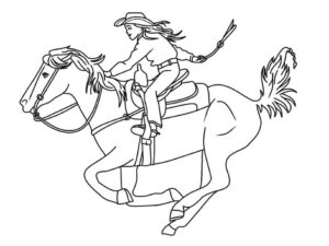 Cowgirl races across open plains on horse coloring page