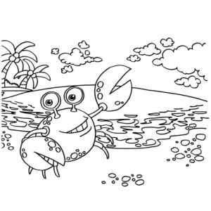 Crab smiles on sunny beach paradise coloring page