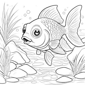 Cute goldfish swimming among rocks coloring page