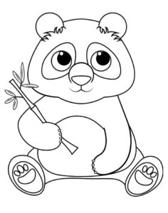 Cute panda holds bamboo, looks at you coloring page