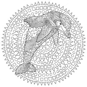 Dolphin circles sunlit ocean coloring page