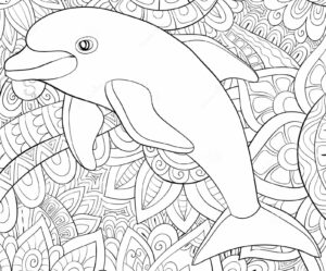 Dolphin surrounded by flowers and leaves coloring page