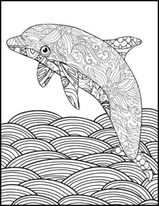 Dolphin gracefully navigates ocean waves coloring page