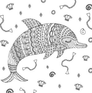 Dolphin’s joyful swim with fish coloring page