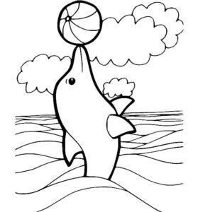 Dolphin leaps for basketball in ocean coloring page