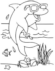 Dolphin leaps, fish watch in awe coloring page