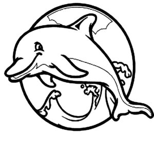 Dolphin leaps, smiles, bubbles fly coloring page