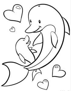 Dolphin mom & baby swim together coloring page