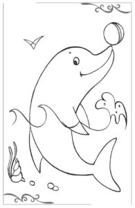 Dolphin smiles with ball, fish & bird coloring page