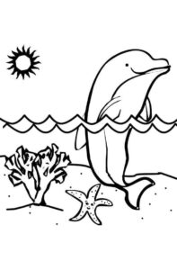 Dolphin, starfish, beach paradise coloring page