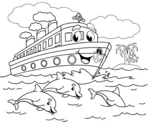 Dolphins play alongside happy boat coloring page