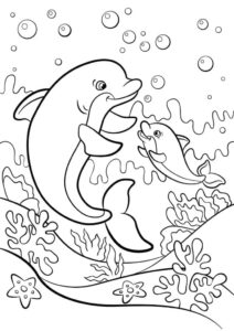 Dolphins play in ocean with fish and jellyfish coloring page