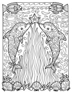 Dolphins, seaweed, and stars: a night swim coloring page