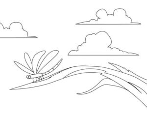 Dragonfly carries butterfly through clouds coloring page