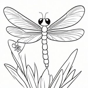 Dragonfly perched on flower: a close-up coloring page