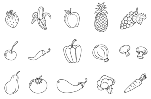 Drawn fruits & veggies: artful edibles coloring page