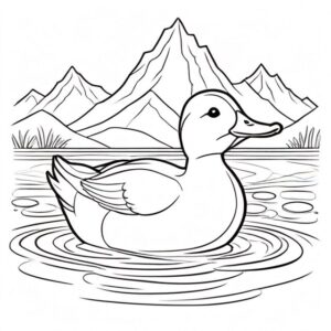 Duck, mountains, and serene water coloring page