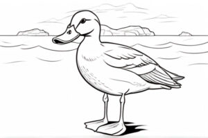 Duck silhouette against majestic mountains coloring page