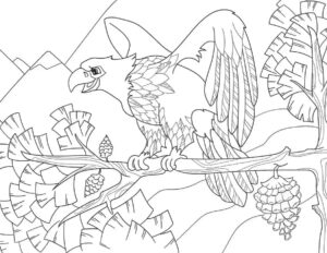 Eagle soaring over lush forest coloring page