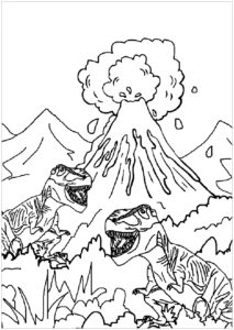 Epic Dinosaur Race Through Prehistoric Landscape with Volcano Eruption coloring page