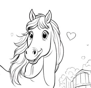 Exaggerated horse smiles with hearts coloring page