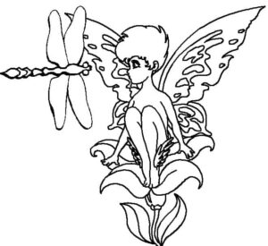 Fairy watches dragonfly on flower coloring page