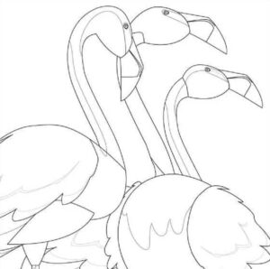 Flamingos share secret: family portrait coloring page