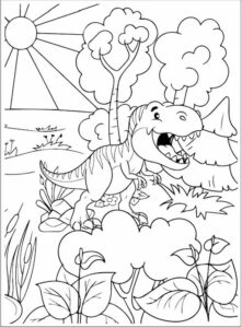 Friendly cartoon dinosaur coloring page with sun, tree, and plants coloring page
