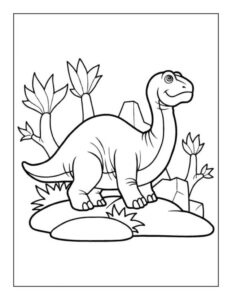 Friendly dinosaur drawing on rock surrounded by colorful flowers. coloring page